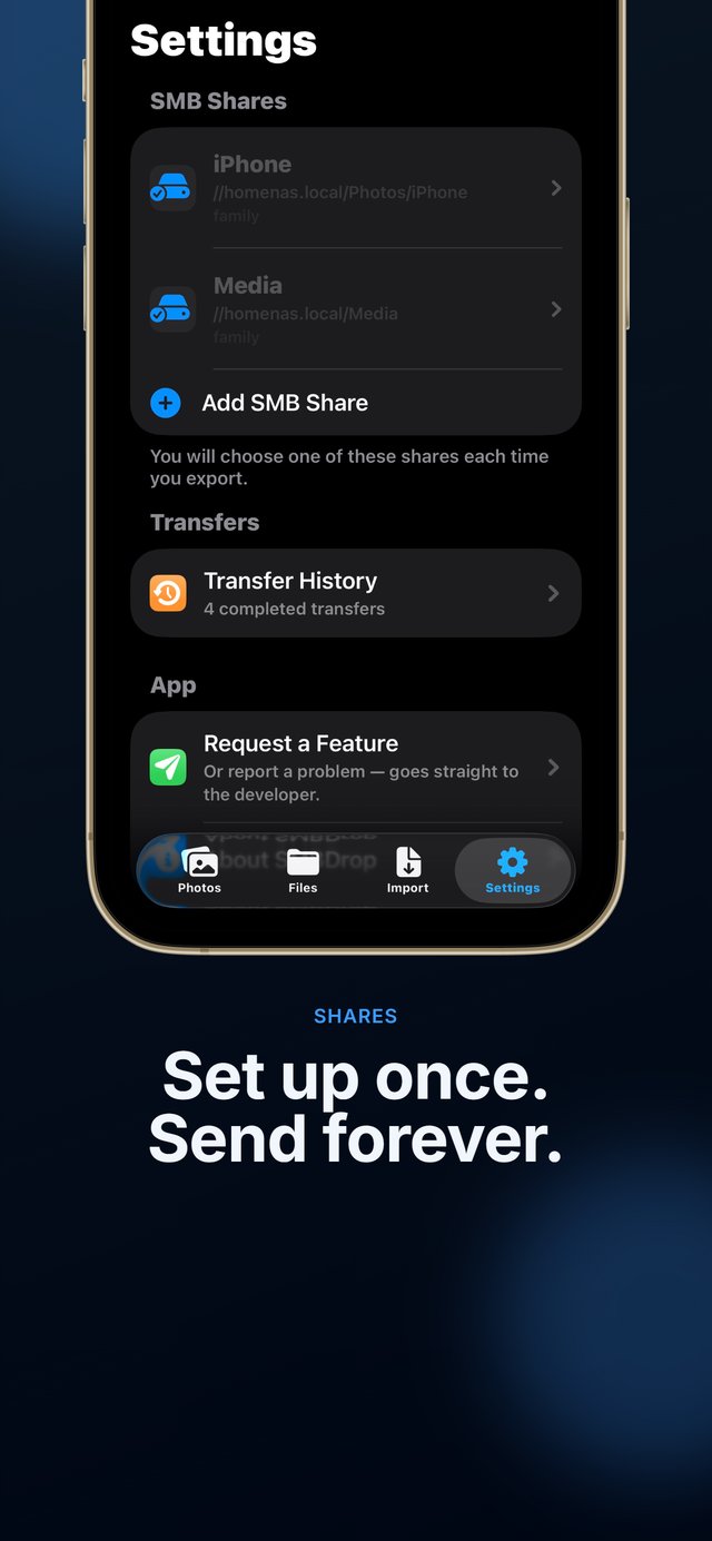 Settings with saved SMB shares and transfer history