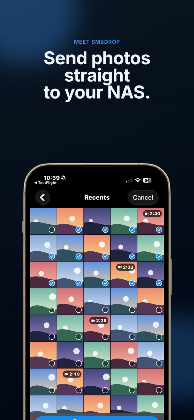 Selecting fourteen photos in SMBDrop with a Send button ready